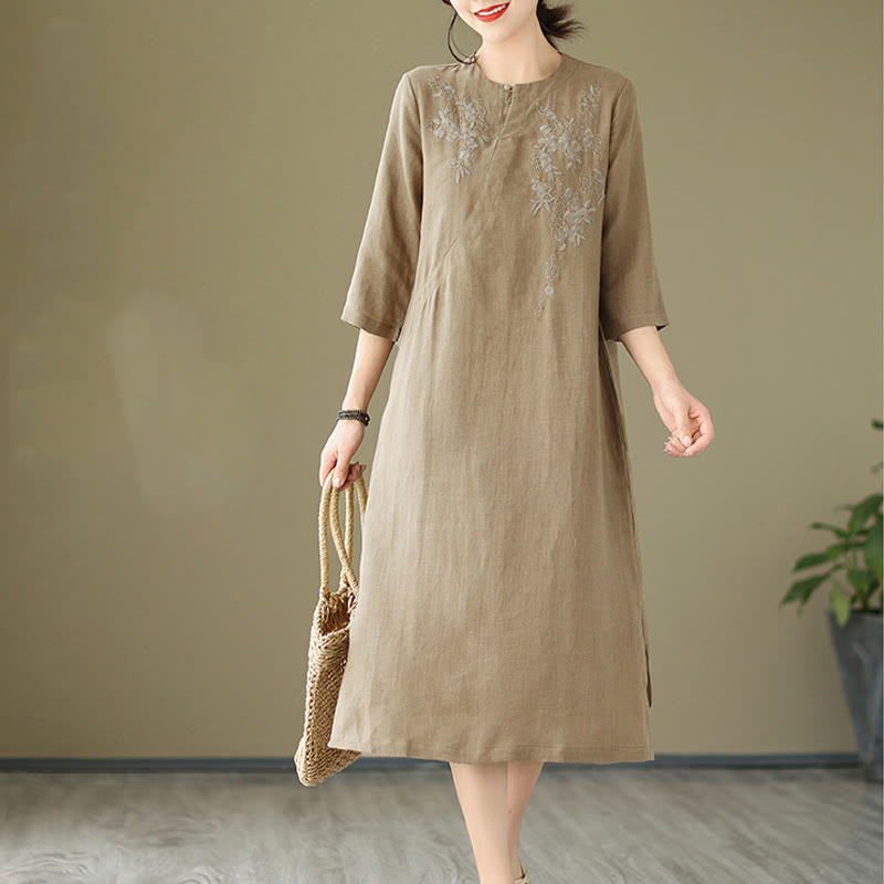 Buddha Stones – Midikleid aus Baumwolle und Leinen mit Vintage-Stickerei, Dreiviertelärmeln und Taschen - DunkelKhaki - US8-10, UK/AU12-14, EU40-42 (2XL) - image 1