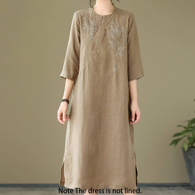 Buddha Stones – Midikleid aus Baumwolle und Leinen mit Vintage-Stickerei, Dreiviertelärmeln und Taschen - image 1