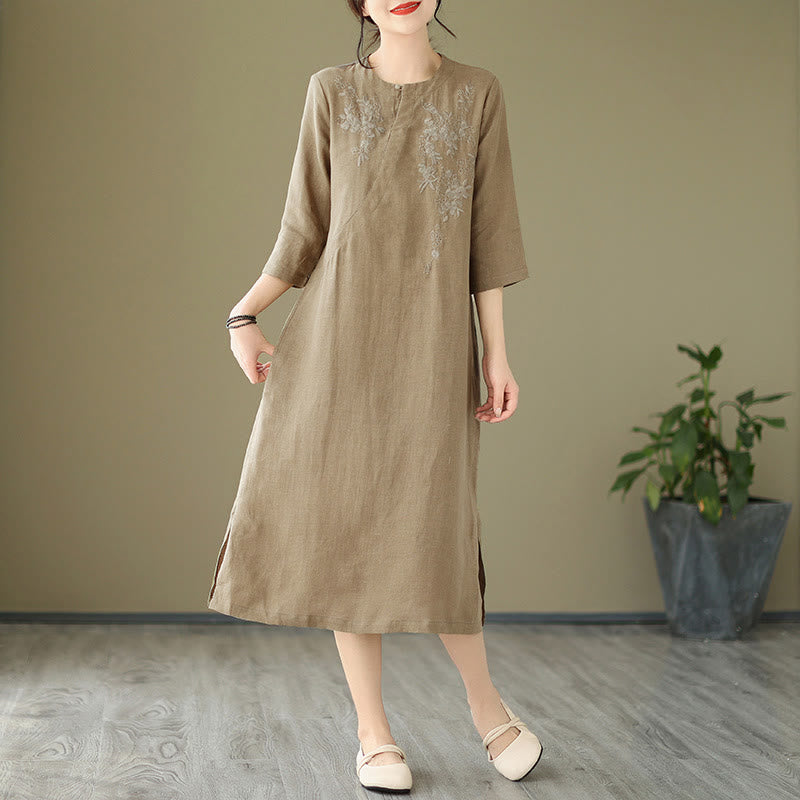 Buddha Stones ​​Vintage-Stickerei Dreiviertelärmel Midikleid mit Taschen - image 2