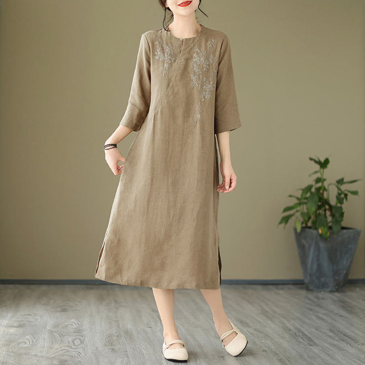 Buddha Stones ​​Vintage-Stickerei Dreiviertelärmel Midikleid mit Taschen - image 2