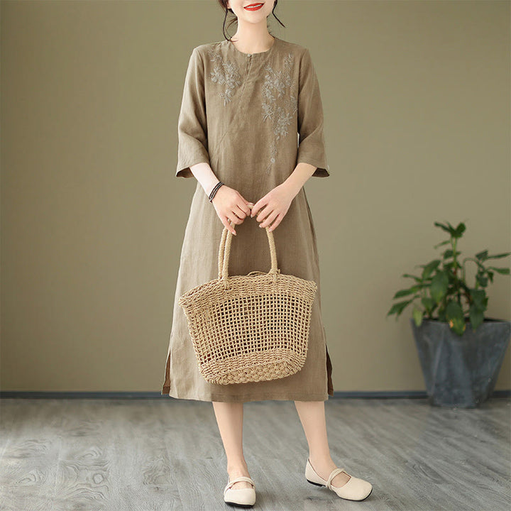 Buddha Stones – Midikleid aus Baumwolle und Leinen mit Vintage-Stickerei, Dreiviertelärmeln und Taschen - image 4