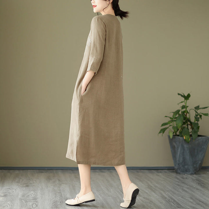Buddha Stones – Midikleid aus Baumwolle und Leinen mit Vintage-Stickerei, Dreiviertelärmeln und Taschen - image 3