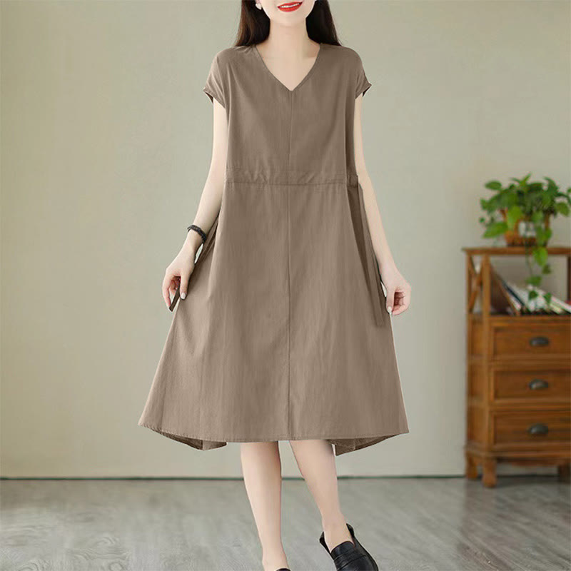 Buddha Stones – Pure Color – Kurzärmliges Midikleid aus Baumwollleinen mit Schnürung und Taschen - DunkelKhaki - US12， UK/AU16，EU44 (3XL) - image 13
