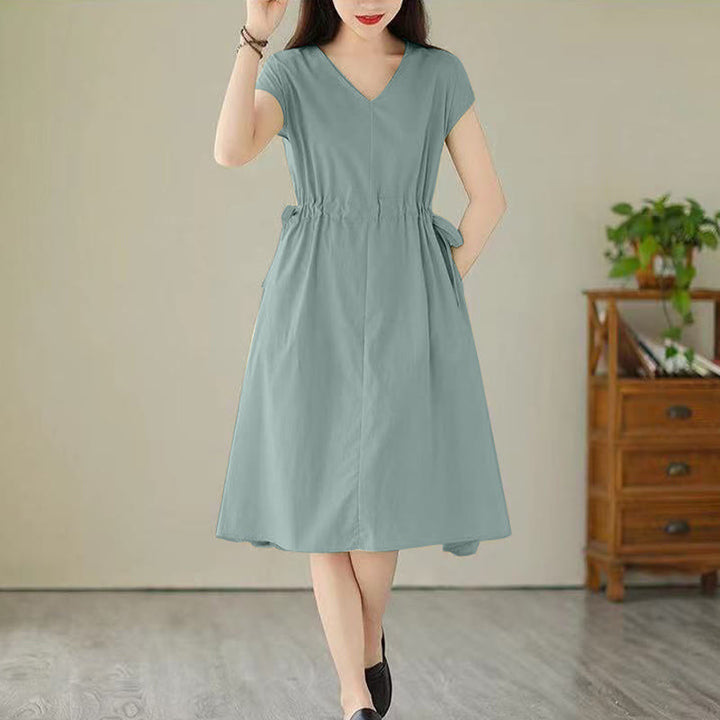 Buddha Stones – Pure Color – Kurzärmliges Midikleid aus Baumwollleinen mit Schnürung und Taschen - MittelAquamarin - US12， UK/AU16，EU44 (3XL) - image 15
