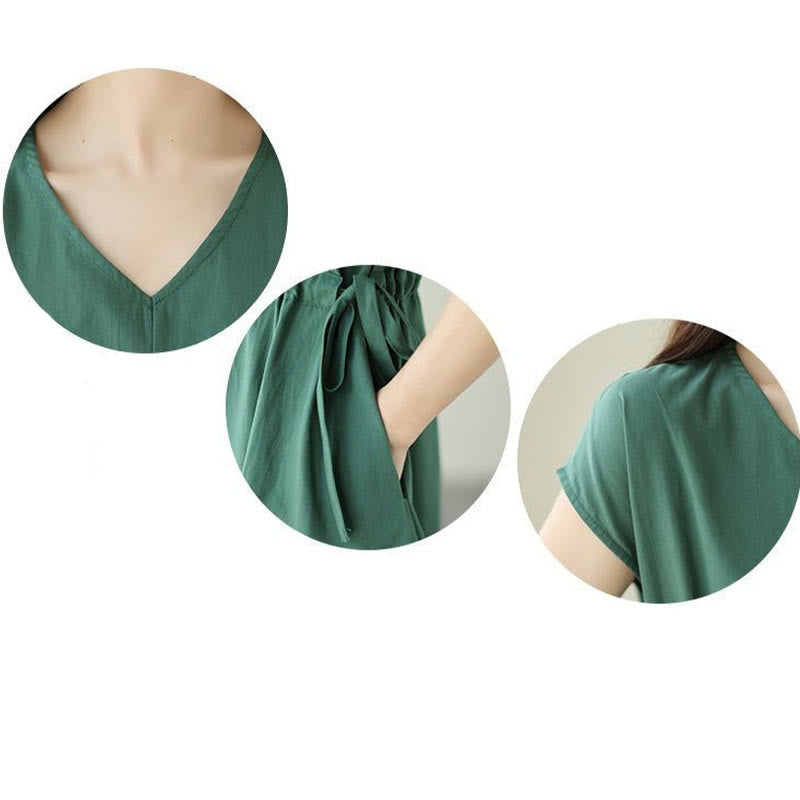 Buddha Stones – Pure Color – Kurzärmliges Midikleid aus Baumwollleinen mit Schnürung und Taschen - image 12
