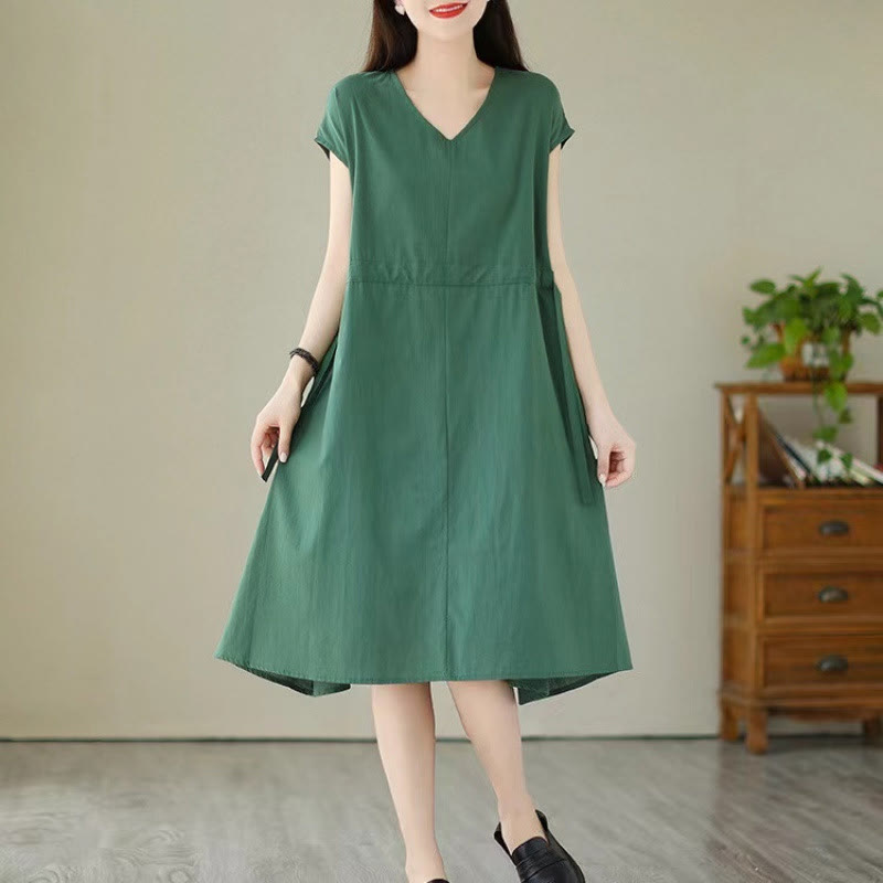Buddha Stones – Pure Color – Kurzärmliges Midikleid aus Baumwollleinen mit Schnürung und Taschen - SeaGreen - US12, UK/AU16, EU44 (3XL) - image 0