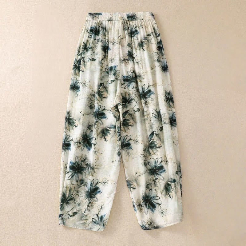 Buddha Stones Lässiges Blumendruck-Design Damen-Polyesterhose 7-8 mit Taschen - image 2