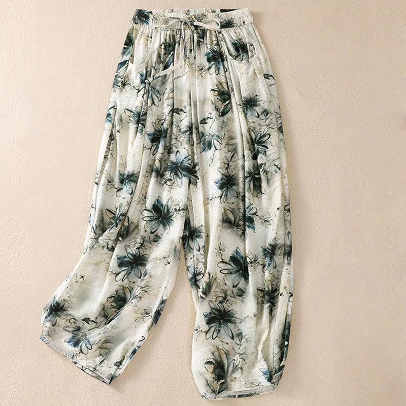 Buddha Stones Lässiges Blumendruck-Design Damen-Polyesterhose 7-8 mit Taschen - Seegrün - US12, UK/AU16,EU44 (2XL) - image 1