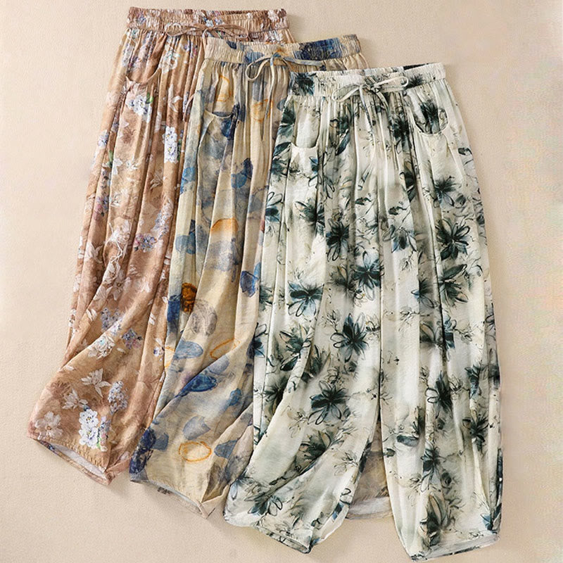 Buddha Stones Lässiges Blumendruck-Design Damen-Polyesterhose 7-8 mit Taschen - image 23