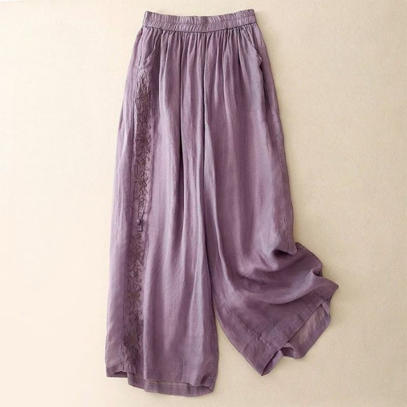 Buddha Stones Side Embroidery Design Baumwolle Damen 7-8 Länge Weite Beinhose mit Taschen - Mittelgroße Orchidee - US12， UK/AU16，EU44 (3XL) - image 0