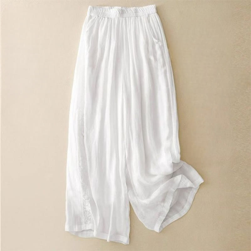 Buddha Stones Side Embroidery Design Baumwolle Damen 7-8 Länge Weite Beinhose mit Taschen - Weiß - US12， UK/AU16，EU44 (3XL) - image 11