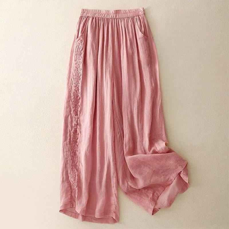 Buddha Stones Side Embroidery Design Baumwolle Damen 7-8 Länge Weite Beinhose mit Taschen - Rosa - US12， UK/AU16，EU44 (3XL) - image 16