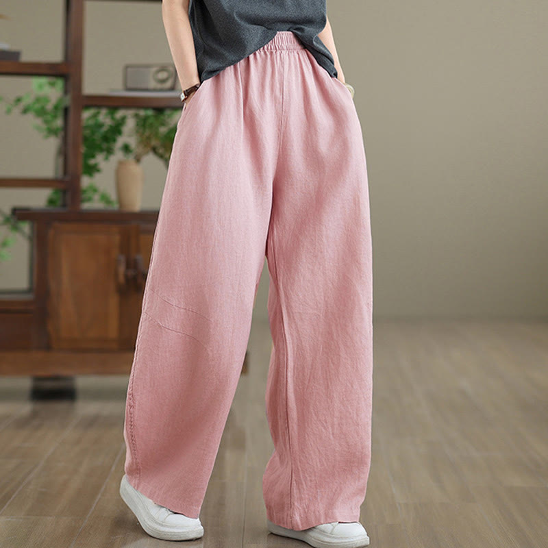 Buddha Stones Lässige, schlichte Damenhose aus Baumwolle mit weitem Bein und Taschen - Rosa - US12， UK/AU16，EU44 (3XL) - image 6