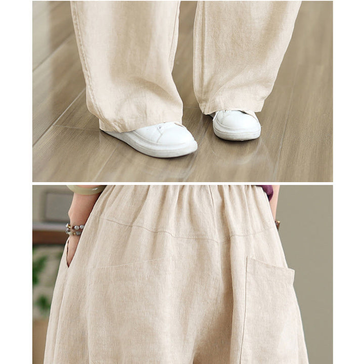 Buddha Stones Lässige, schlichte Damenhose aus Baumwolle mit weitem Bein und Taschen - image 16