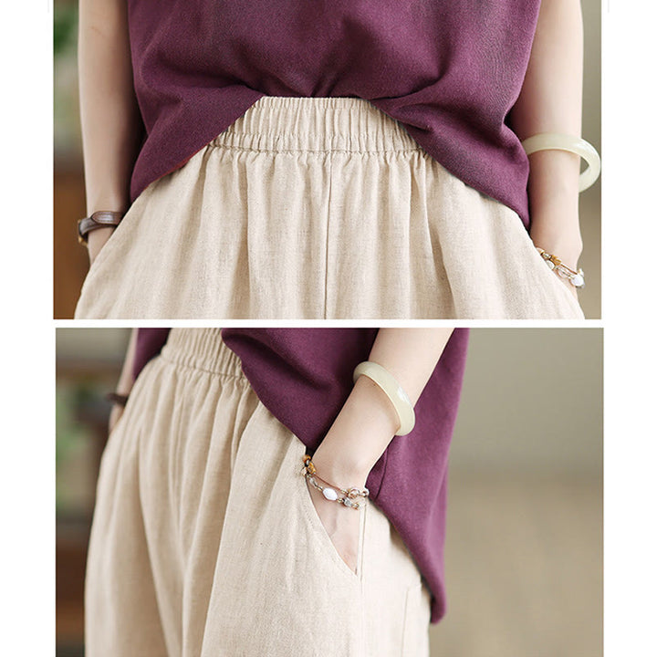 Buddha Stones Lässige, schlichte Damenhose aus Baumwolle mit weitem Bein und Taschen - image 17