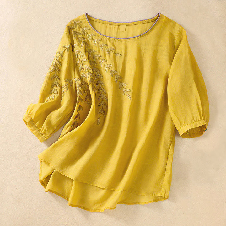 Buddha Stones -Stickerei Blätter Damen Kurzarm-T-Shirt - Gold - US8-10, UK/AU12-14, EU40-42 (2XL) - image 0