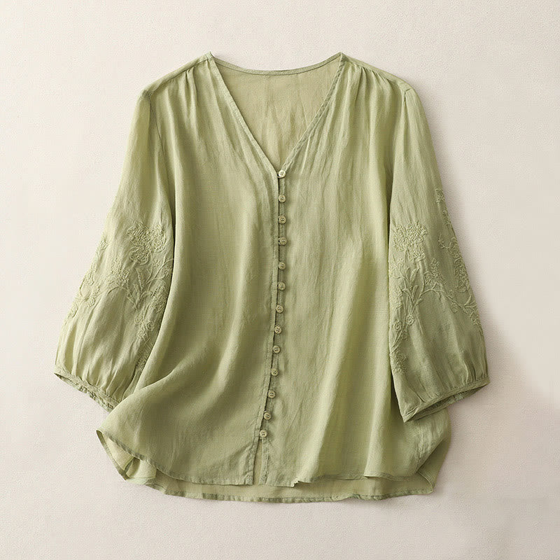 Damen-Hemd aus Baumwolle und Leinen mit Buddha Stones -Stickerei - GelbGrün - US8-10， UK/AU12-14，EU40-42 (2XL) - image 0