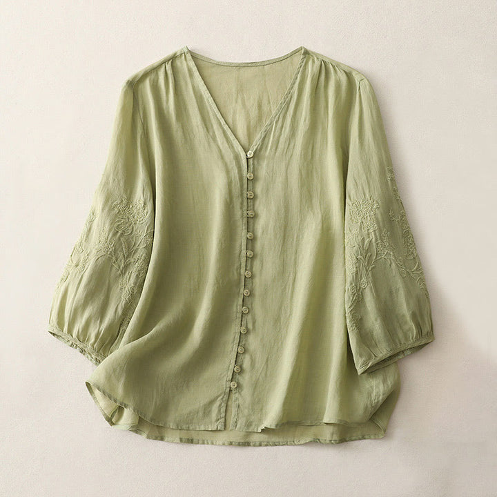 Damen-Hemd aus Baumwolle und Leinen mit Buddha Stones -Stickerei - GelbGrün - US8-10， UK/AU12-14，EU40-42 (2XL) - image 0