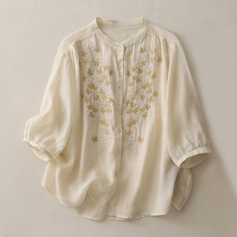 Einreihiges Damenhemd aus Baumwolle und Leinen mit Buddha Stones und Blumenstickerei - Alte Spitze - US14， UK/AU18，EU46 (2XL) - image 0