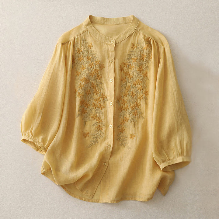 Einreihiges Damenhemd aus Baumwolle und Leinen mit Buddha Stones und Blumenstickerei - Goldrute - US14， UK/AU18，EU46 (2XL) - image 7