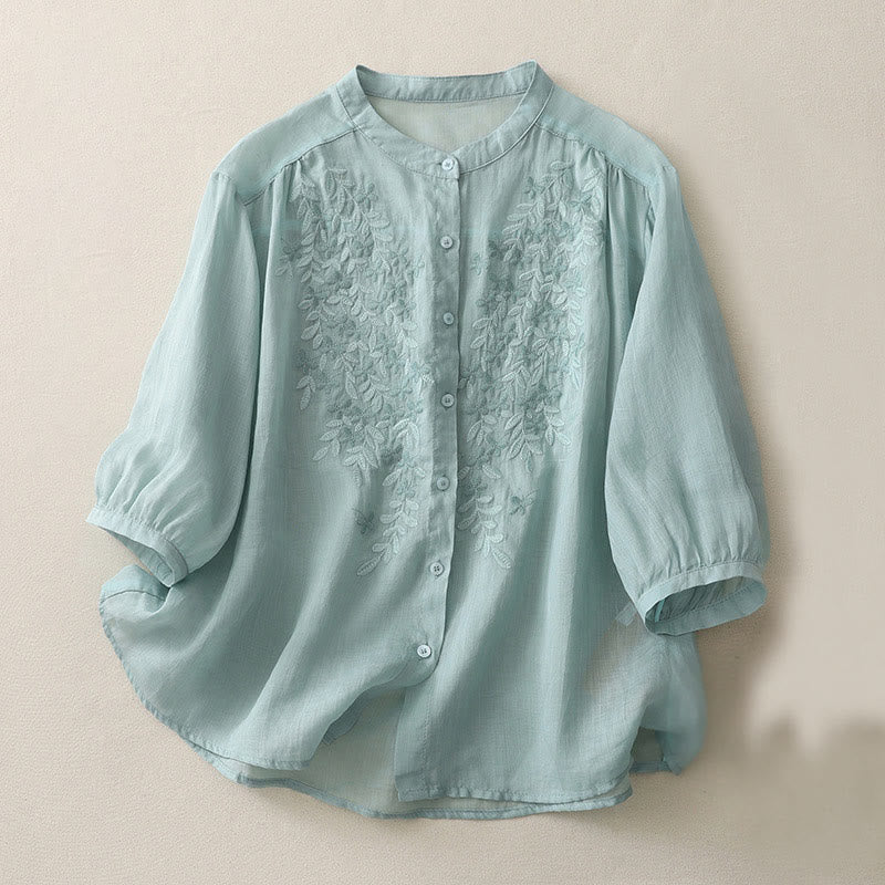Einreihiges Damenhemd aus Baumwolle und Leinen mit Buddha Stones und Blumenstickerei - PowderBlue - US14， UK/AU18，EU46 (2XL) - image 19