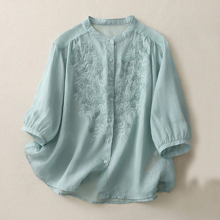 Einreihiges Damenhemd aus Baumwolle und Leinen mit Buddha Stones und Blumenstickerei - PowderBlue - US14， UK/AU18，EU46 (2XL) - image 19