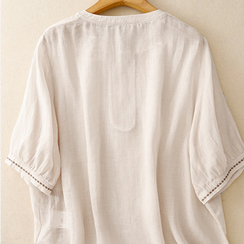 Buddha Stones Stickerei Rundhalsausschnitt Falten Damen Baumwolle Leinen Halbarm T-Shirt - image 3