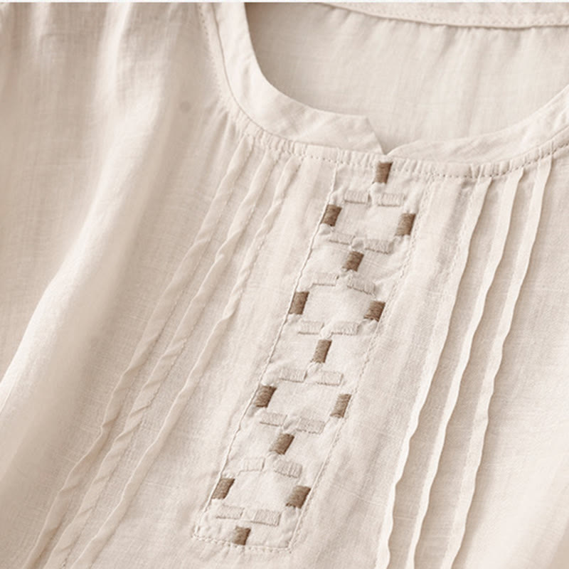 Buddha Stones Stickerei Rundhalsausschnitt Falten Damen Baumwolle Leinen Halbarm T-Shirt - image 9