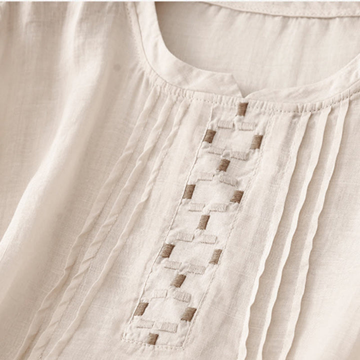 Buddha Stones Stickerei Rundhalsausschnitt Falten Damen Baumwolle Leinen Halbarm T-Shirt - image 9