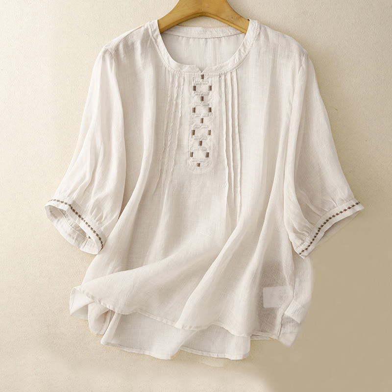 Buddha Stones Stickerei Rundhalsausschnitt Falten Damen Baumwolle Leinen Halbarm T-Shirt - Beige - US14， UK/AU18，EU46 (2XL) - image 0