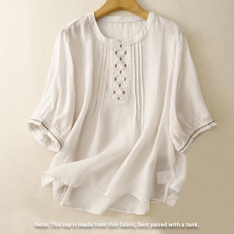 Buddha Stones Stickerei Rundhalsausschnitt Falten Damen Baumwolle Leinen Halbarm T-Shirt - image 1