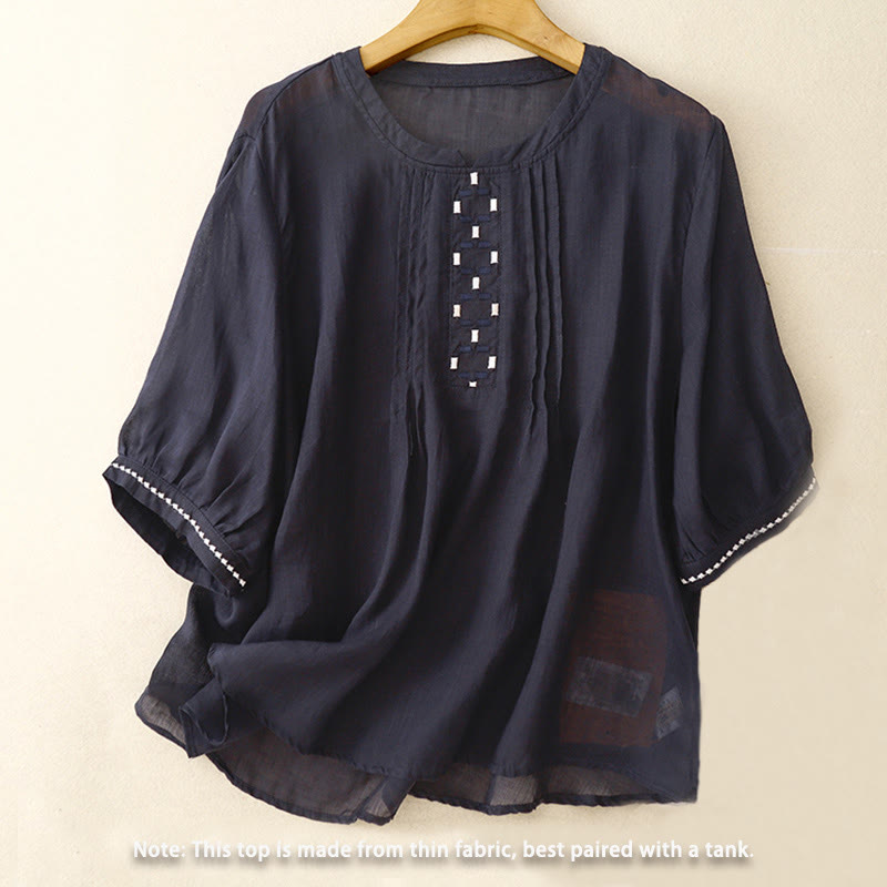 Buddha Stones Stickerei Rundhalsausschnitt Falten Damen Baumwolle Leinen Halbarm T-Shirt - image 12