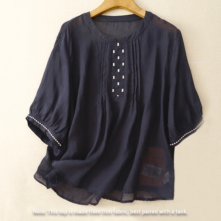 Buddha Stones Stickerei Rundhalsausschnitt Falten Damen Baumwolle Leinen Halbarm T-Shirt - image 12