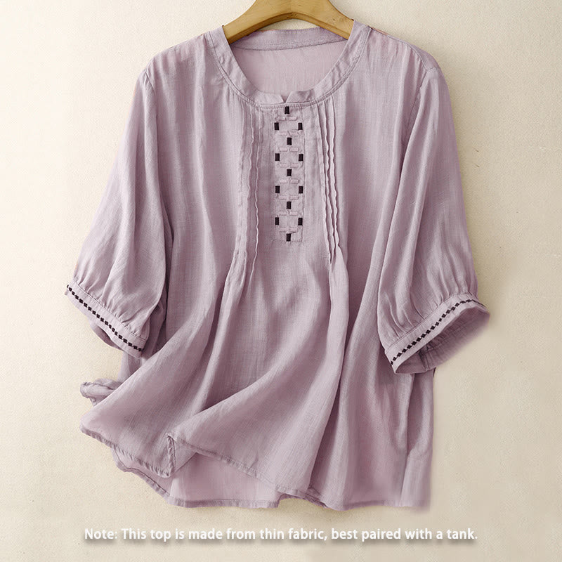 Buddha Stones Stickerei Rundhalsausschnitt Falten Damen Baumwolle Leinen Halbarm T-Shirt - image 19