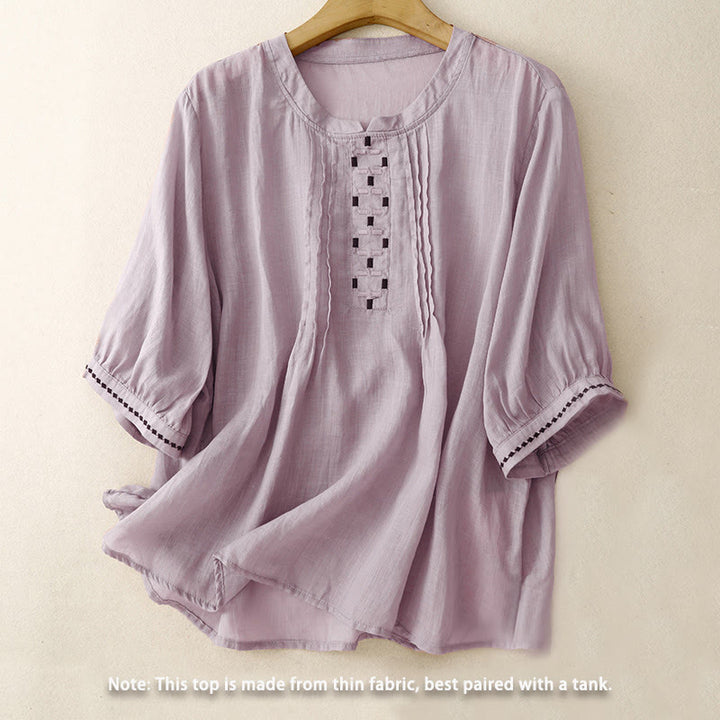 Buddha Stones Stickerei Rundhalsausschnitt Falten Damen Baumwolle Leinen Halbarm T-Shirt - image 19
