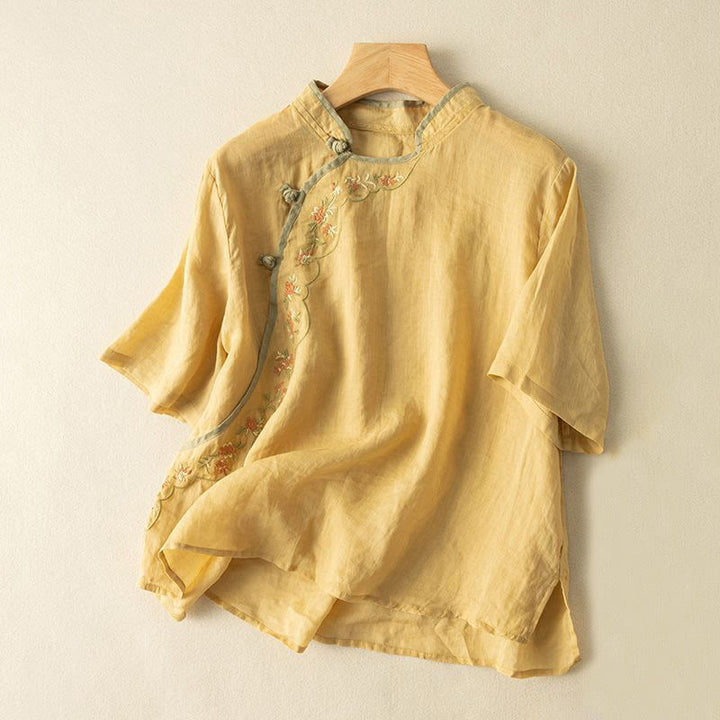 Buddha Stones Lässiges Damen-Baumwoll-Leinen-Hemd mit schrägem Kragen und Froschknopf-Design - Gold - US16， UK/AU20，EU48 (3XL) - image 0