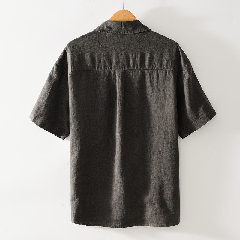 Buddha Stones Einfarbige Knöpfe Herren Kurzarm Leinenhemd mit Taschen - image 19