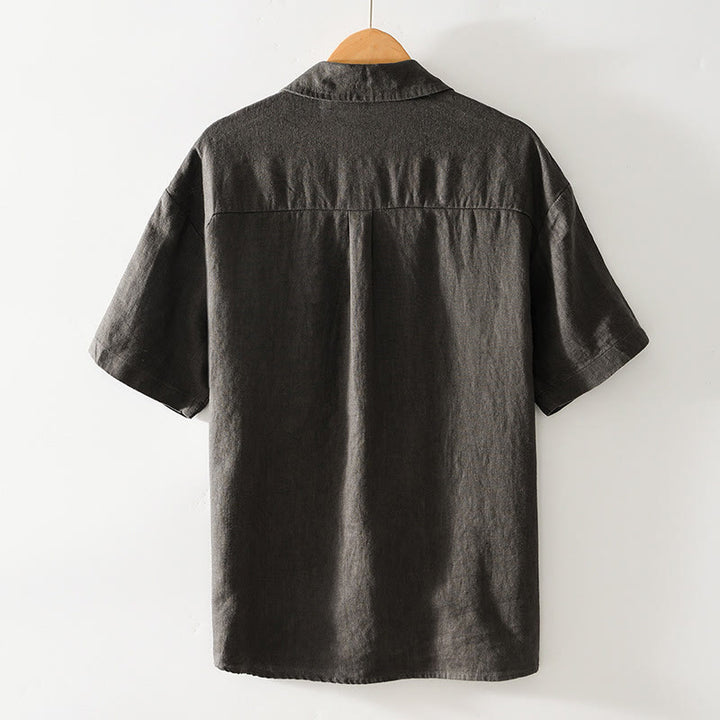 Buddha Stones Einfarbige Knöpfe Herren Kurzarm Leinenhemd mit Taschen - image 19