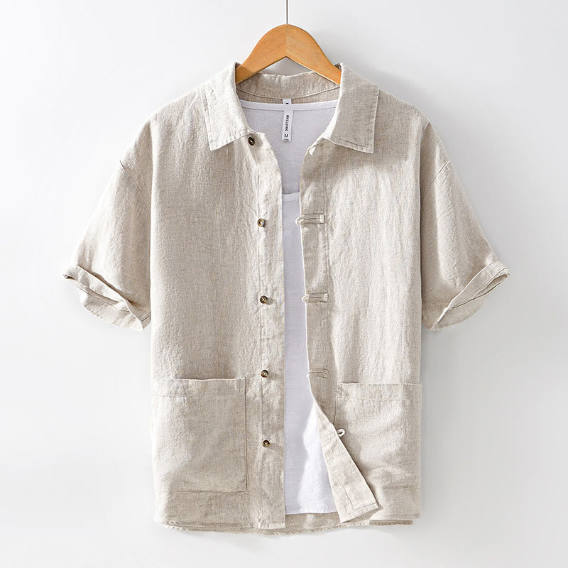 Buddha Stones Einfarbige Knöpfe Herren Kurzarm Leinenhemd mit Taschen - Beige - US/ UK/AU42，EU52 (3XL) - image 1