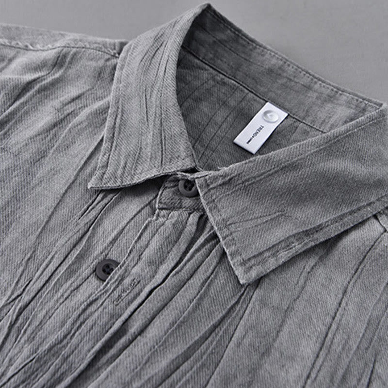 Buddha Stones Retro Pleats Buttons Herren Langarm Ramie Leinen Langarmhemd mit Taschen - image 2