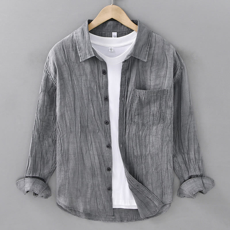 Buddha Stones Retro Pleats Buttons Herren Langarm Ramie Leinen Langarmhemd mit Taschen - HellSchiefergrau - US/ UK/AU42，EU52 (3XL) - image 1