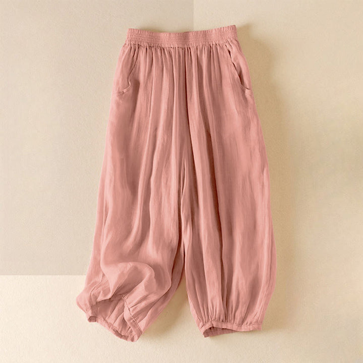 Buddha Stones Sommer-Hose, einfarbig, lässig, kurze Hose, doppellagig, aus Baumwolle und Leinen, mit Taschen