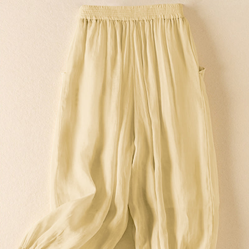 Buddha Stones Sommer-Hose, einfarbig, lässig, kurze Hose, doppellagig, aus Baumwolle und Leinen, mit Taschen