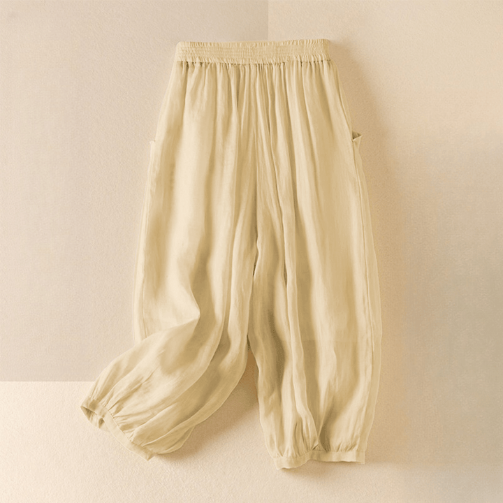 Buddha Stones Sommer-Hose, einfarbig, lässig, kurze Hose, doppellagig, aus Baumwolle und Leinen, mit Taschen