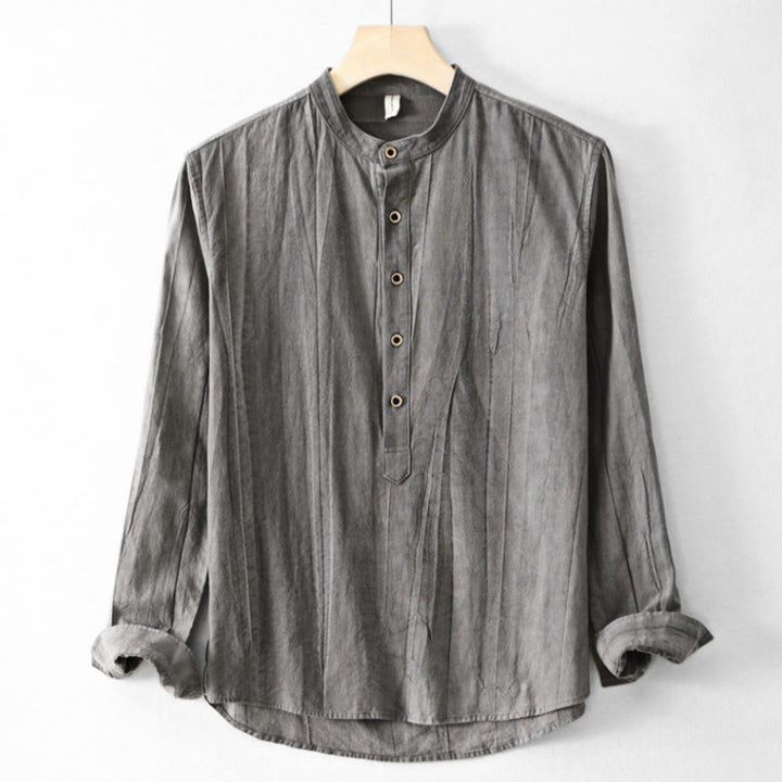 Buddha Stones Plain Pleats Half Buttons Design Stand Collar Herren Langarmhemd aus Baumwolle und Leinen - HellSchiefergrau - US/ UK/AU44，EU54 (4XL) - image 13