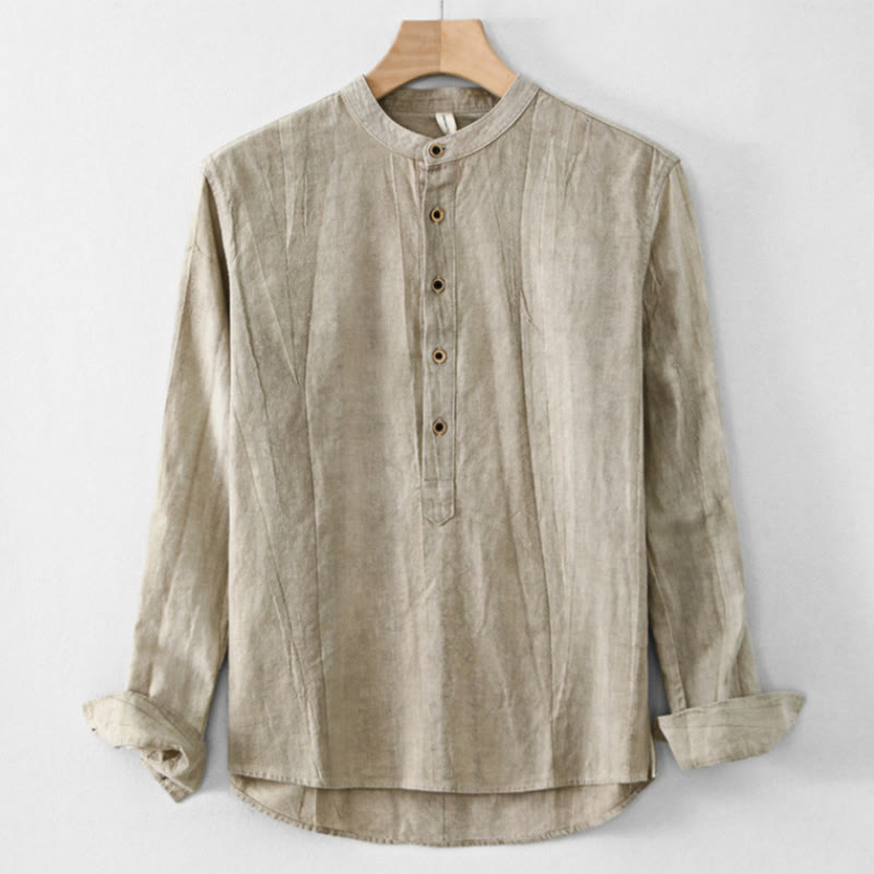 Buddha Stones Plain Pleats Half Buttons Design Stand Collar Herren Langarmhemd aus Baumwolle und Leinen - DunkelKhaki - US/ UK/AU44，EU54 (4XL) - image 1