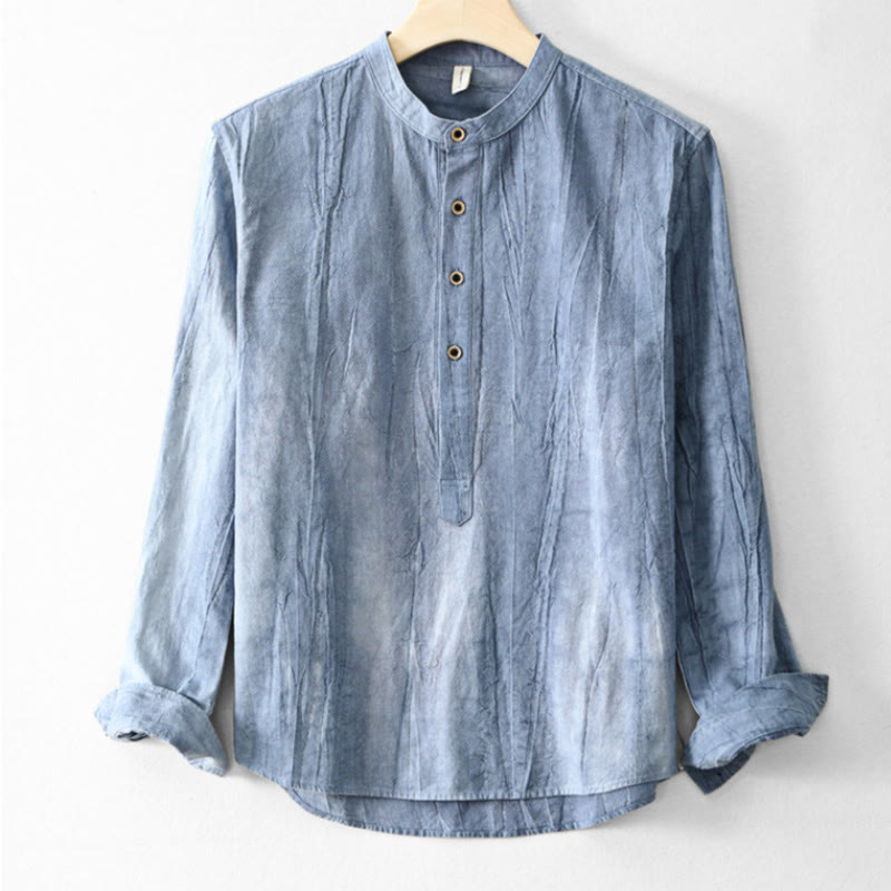 Buddha Stones Plain Pleats Half Buttons Design Stand Collar Herren Langarmhemd aus Baumwolle und Leinen - KornblumeBlau - US/ UK/AU44，EU54 (4XL) - image 10