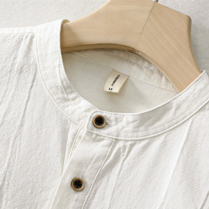 Buddha Stones Plain Pleats Half Buttons Design Stand Collar Herren Langarmhemd aus Baumwolle und Leinen - image 7