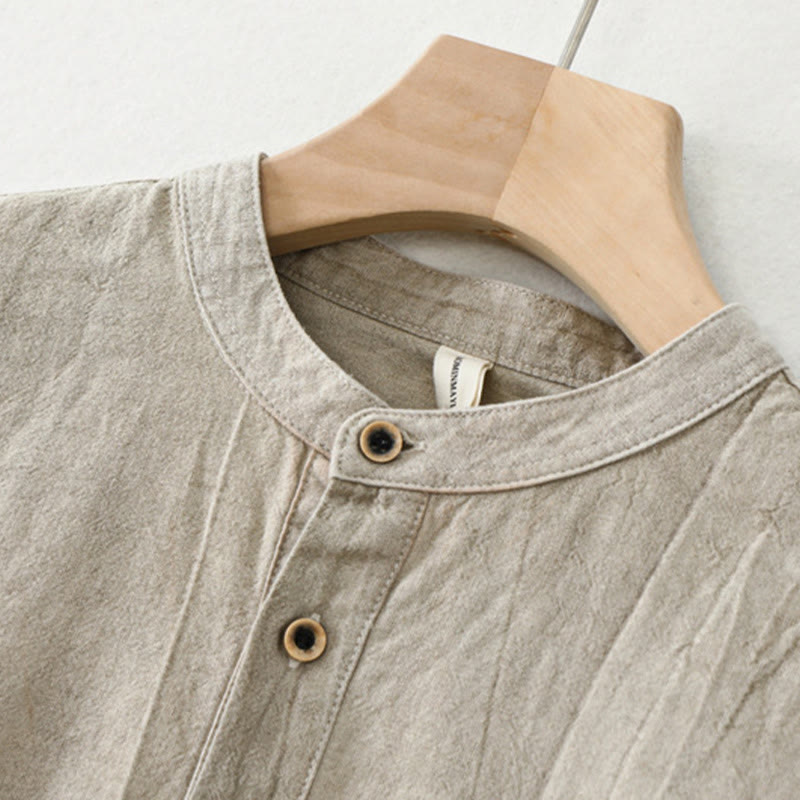 Buddha Stones Plain Pleats Half Buttons Design Stand Collar Herren Langarmhemd aus Baumwolle und Leinen - image 2
