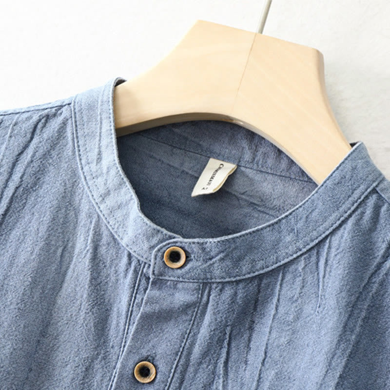 Buddha Stones Plain Pleats Half Buttons Design Stand Collar Herren Langarmhemd aus Baumwolle und Leinen - image 11